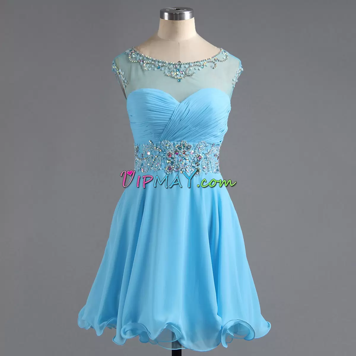 Elegant Mini Length Aqua Blue for Prom and Party and Military Ball with Beading and Ruching