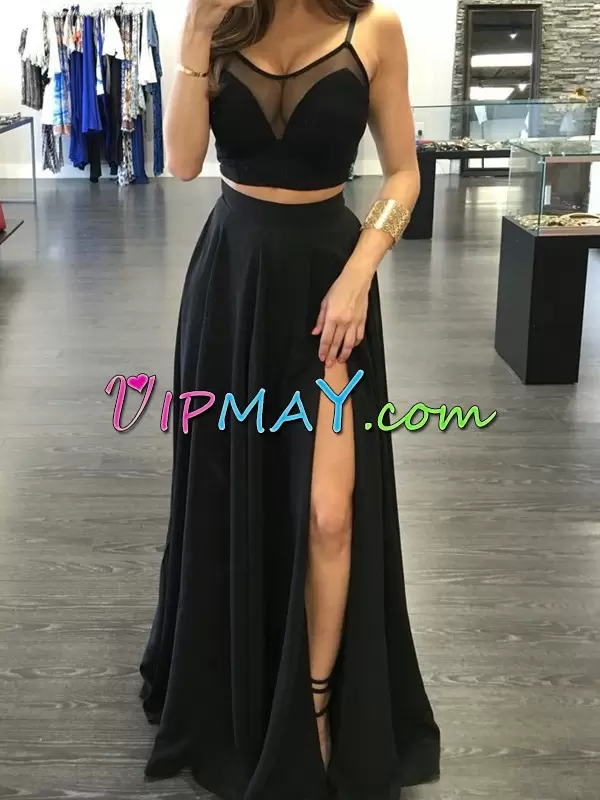 Black Chiffon Backless Scoop Sleeveless Floor Length Homecoming Gowns Ruching