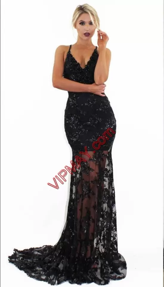 Sleeveless Tulle Sweep Train Criss Cross Prom Party Dress in Black with Lace and Appliques
