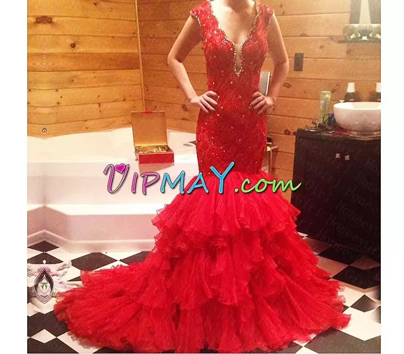 Customized Red Prom Dresses Prom and Party with Beading and Lace and Ruffled Layers V-neck Sleeveless Sweep Train Backless