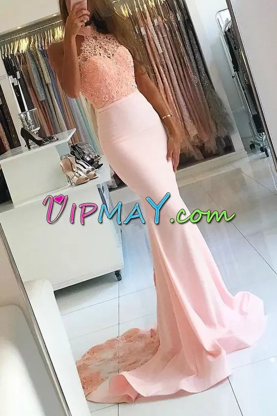 Simple Pink Clasp Handle Prom Homecoming Dress Lace and Appliques Sleeveless Sweep Train