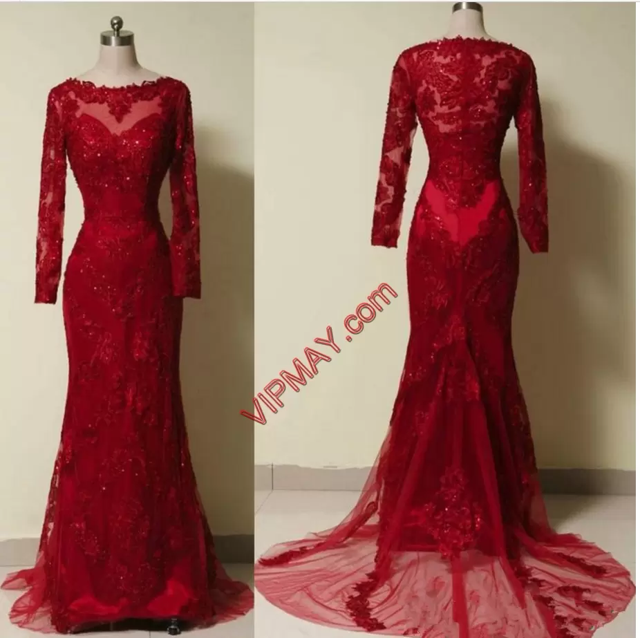 Fashionable Red Empire Sweetheart Sleeveless Satin and Organza and Tulle Floor Length Sweep Train Lace Up Beading and Lace Prom Evening Gown