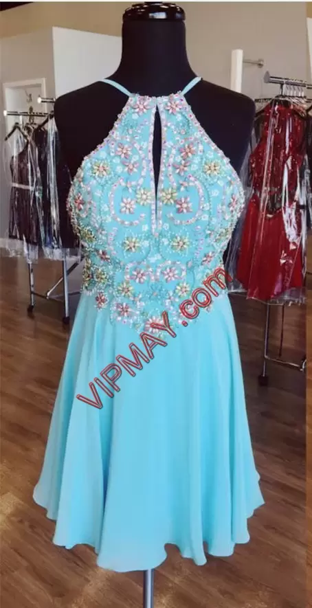 Pretty Aqua Blue Sleeveless Chiffon Backless Dress for Prom for Prom and Party and Military Ball