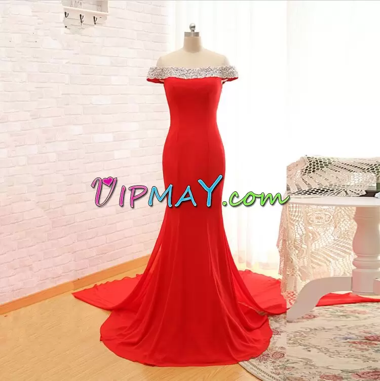 High Quality Off The Shoulder Sleeveless Cathedral Train Side Zipper Dress for Prom Red Chiffon Beading