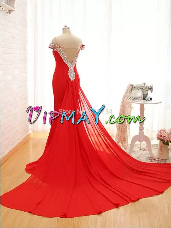 High Quality Off The Shoulder Sleeveless Cathedral Train Side Zipper Dress for Prom Red Chiffon Beading