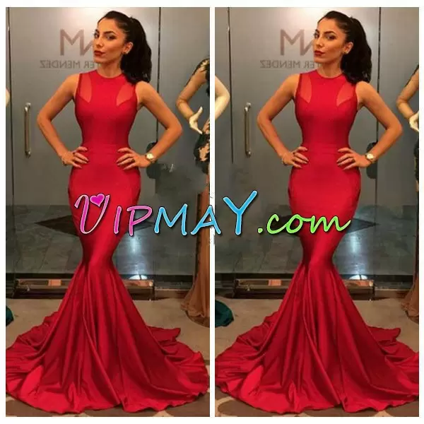 Trendy Red Mermaid Ruching Prom Party Dress Lace Up Satin Sleeveless