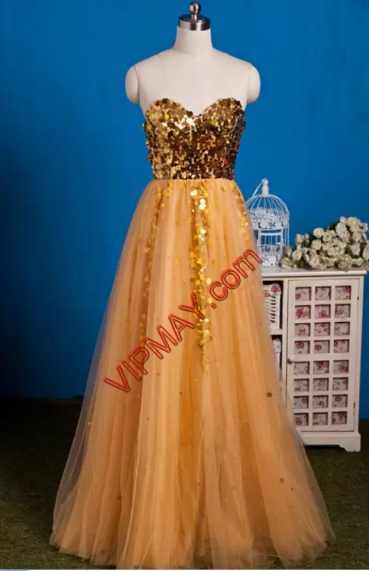 Modern Gold A-line Sweetheart Sleeveless Tulle Floor Length Sequins Homecoming Party Dress