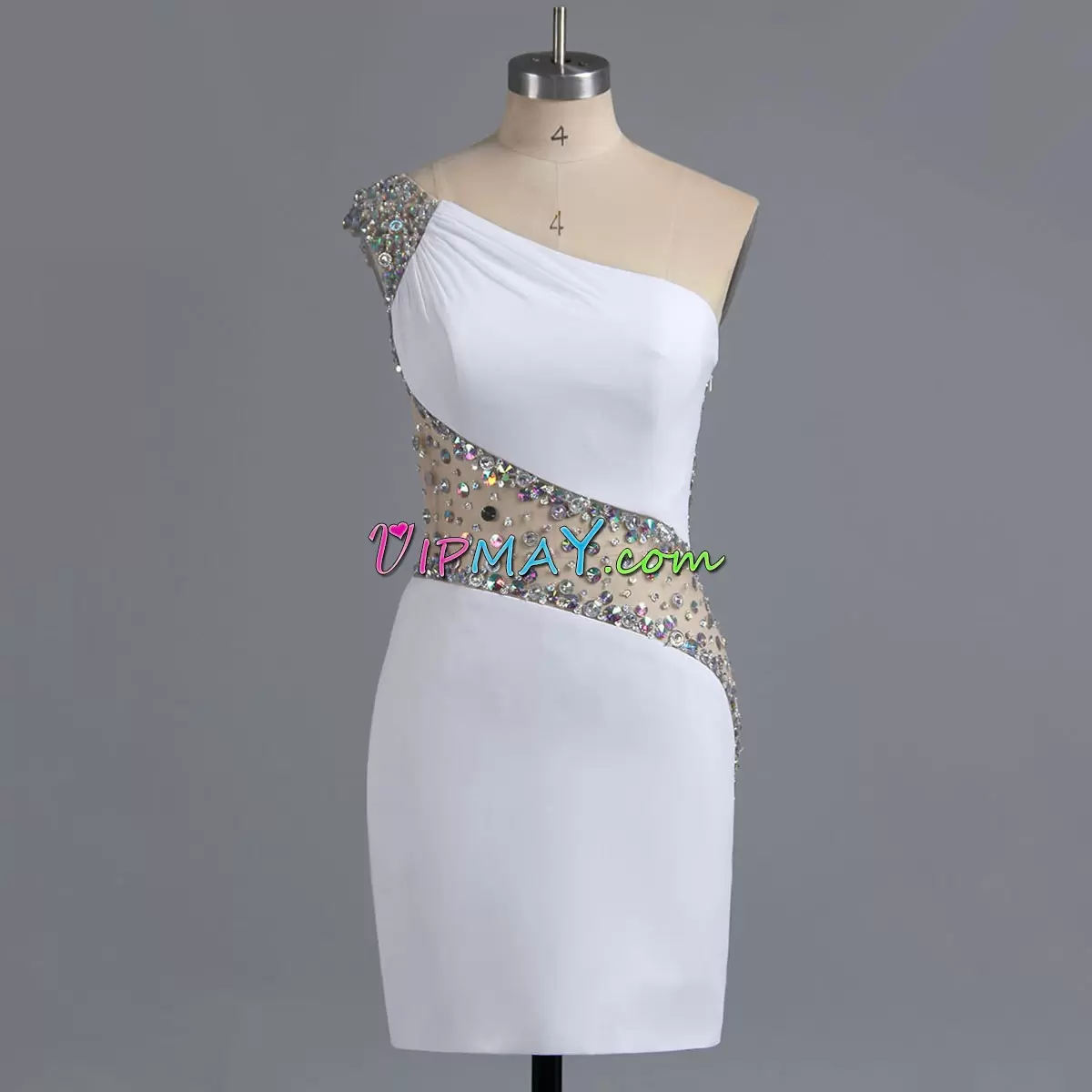 White Column Sheath Beading Prom Evening Gown Side Zipper Chiffon Sleeveless Mini Length