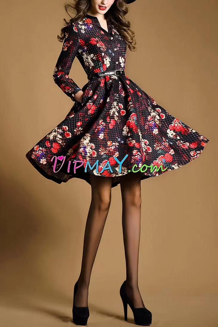 Free and Easy Printed V-neck 3 4 Length Sleeve Zipper Pattern and Belt Homecoming Dress Online in Multi-color