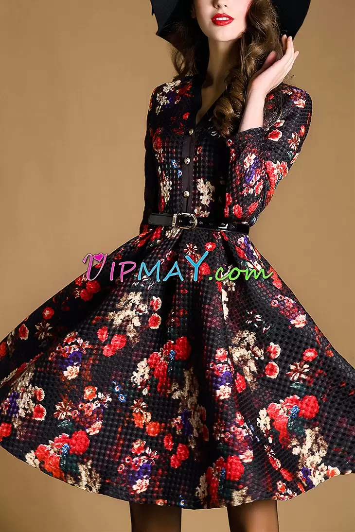 Free and Easy Printed V-neck 3 4 Length Sleeve Zipper Pattern and Belt Homecoming Dress Online in Multi-color