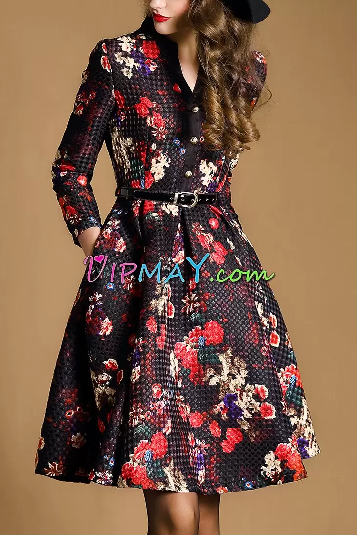 Free and Easy Printed V-neck 3 4 Length Sleeve Zipper Pattern and Belt Homecoming Dress Online in Multi-color