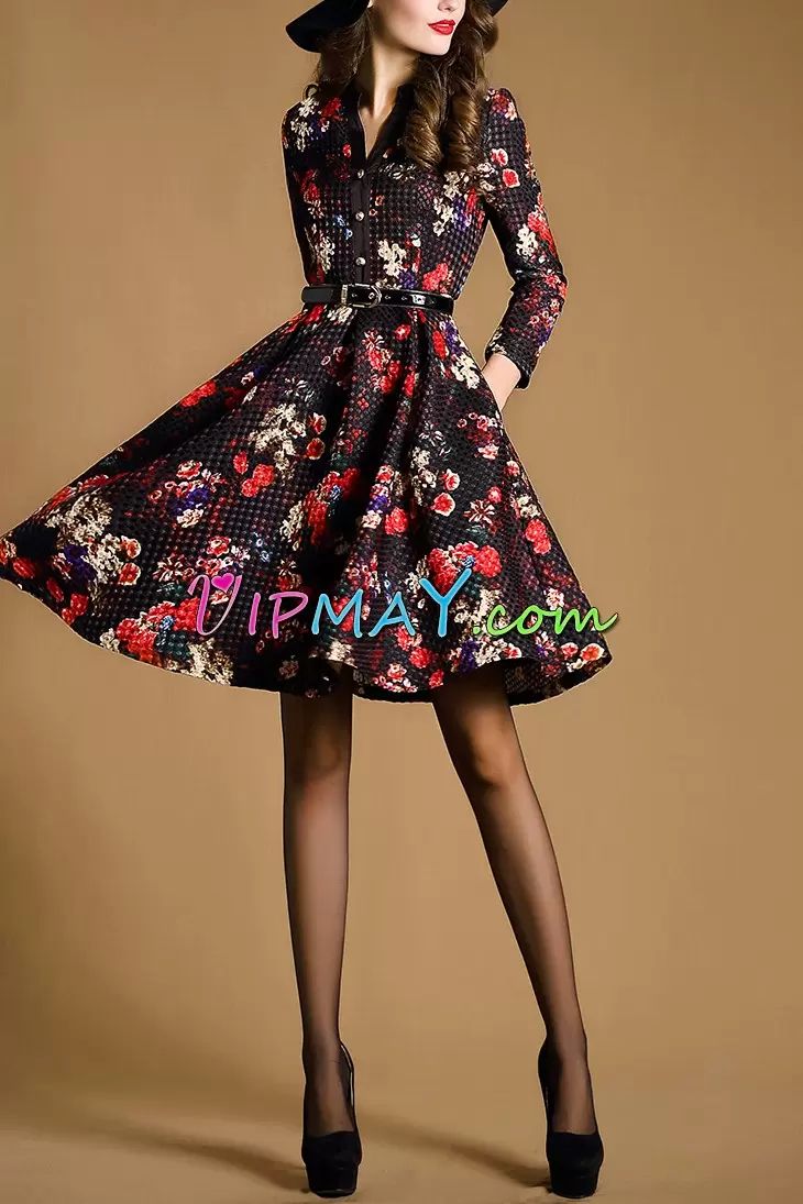 Free and Easy Printed V-neck 3 4 Length Sleeve Zipper Pattern and Belt Homecoming Dress Online in Multi-color