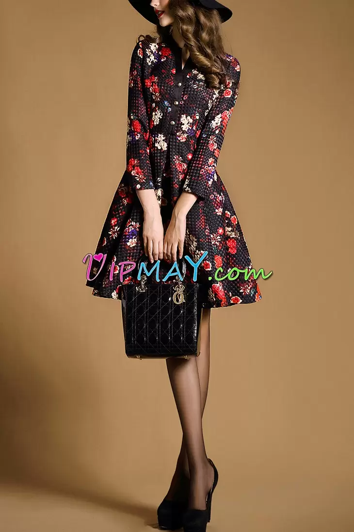 Free and Easy Printed V-neck 3 4 Length Sleeve Zipper Pattern and Belt Homecoming Dress Online in Multi-color