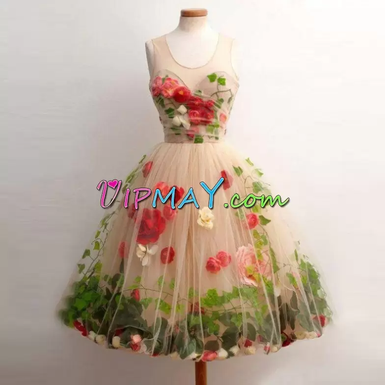 Colorful Champagne Ball Gowns Scoop Sleeveless Tulle Knee Length Hand Made Flower Homecoming Party Dress