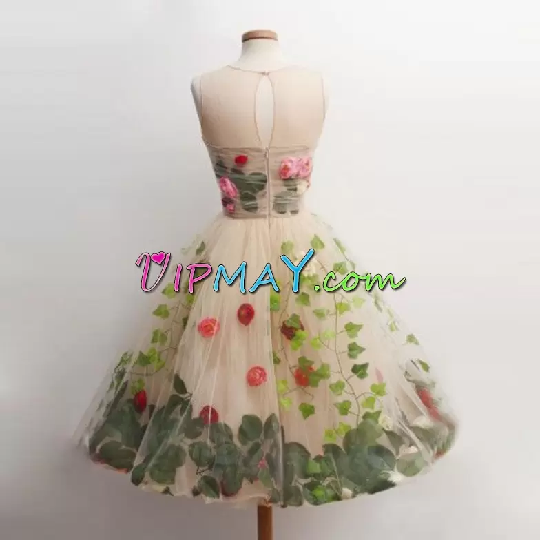 Colorful Champagne Ball Gowns Scoop Sleeveless Tulle Knee Length Hand Made Flower Homecoming Party Dress