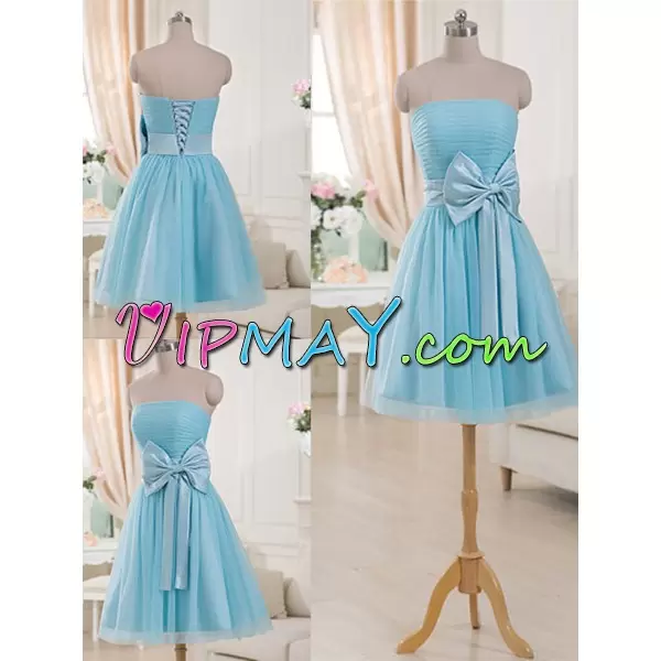 Strapless Sleeveless Dress for Prom Mini Length Bowknot Aqua Blue Tulle