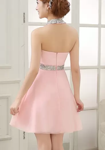 Empire Prom Party Dress Baby Pink Halter Top Chiffon Sleeveless Mini Length Backless