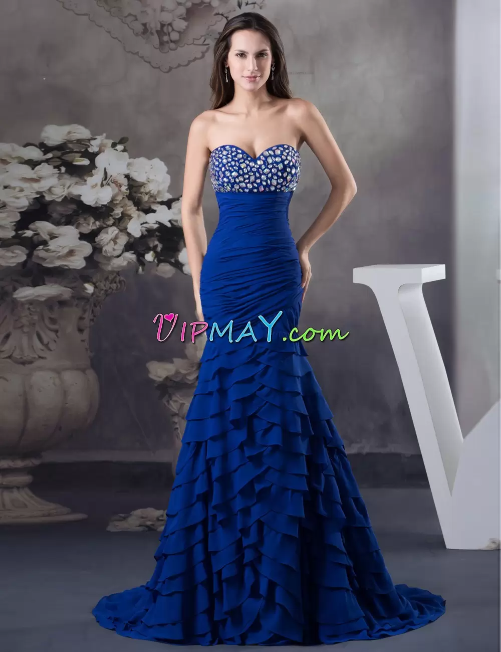 Eye-catching Royal Blue Sleeveless Sweep Train Beading With Train Going Out Dresses