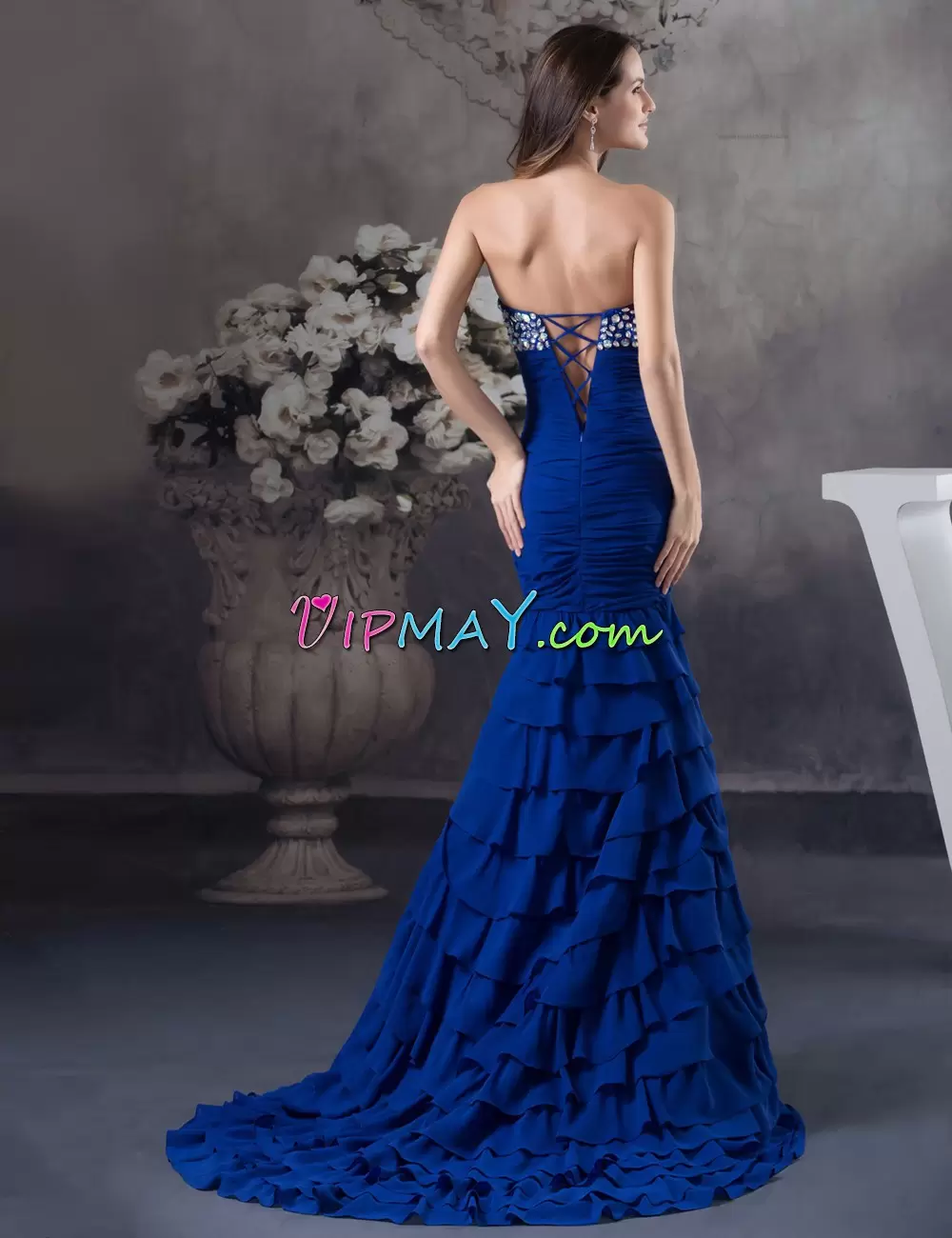 Eye-catching Royal Blue Sleeveless Sweep Train Beading With Train Going Out Dresses