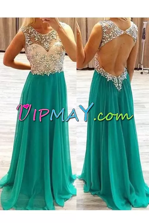 Turquoise Backless Scoop Beading Prom Dress Chiffon Long Sleeves