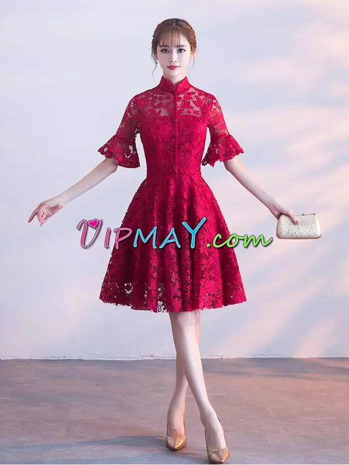 Knee Length A-line Half Sleeves Wine Red Prom Gown Zipper