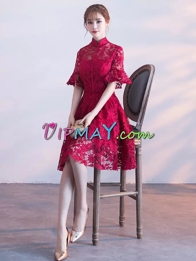 Knee Length A-line Half Sleeves Wine Red Prom Gown Zipper