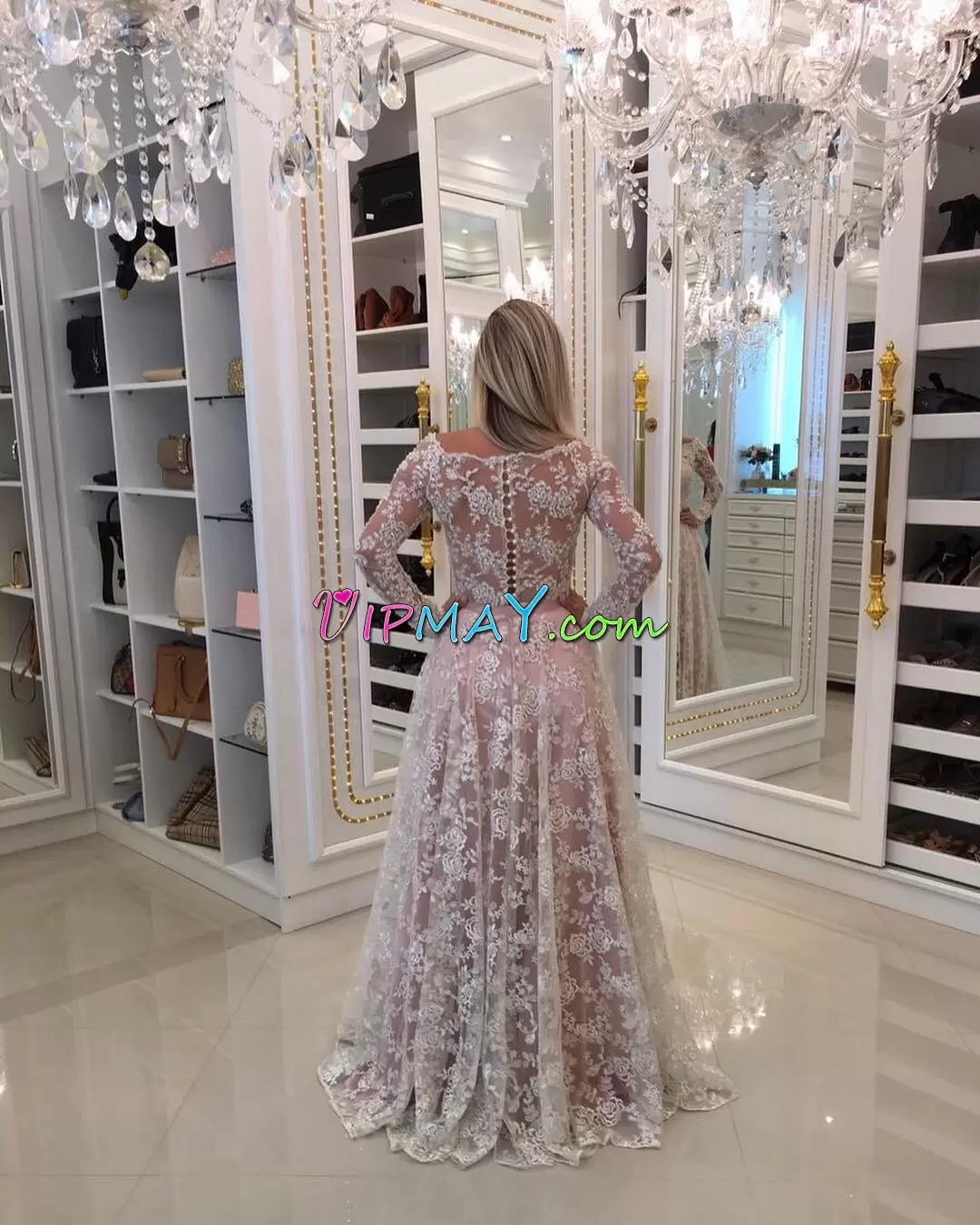 Fine Pink Clasp Handle Prom Dresses Appliques Long Sleeves Floor Length