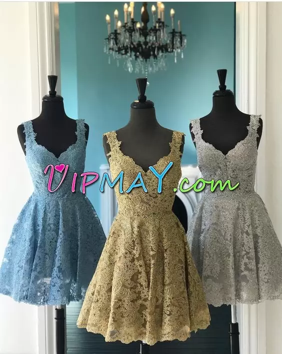 Classical Gold Sleeveless Mini Length Beading and Lace Lace Up Prom Homecoming Dress Straps