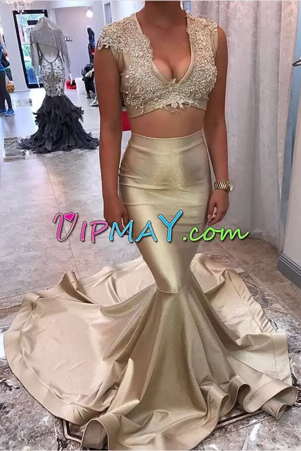 Pretty Champagne Homecoming Dresses Prom and Party and Military Ball with Beading and Lace V-neck Cap Sleeves Court Train Backless