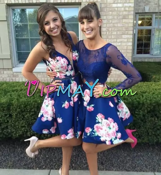 On Sale A-line Prom Gown Royal Blue V-neck Printed Sleeveless Mini Length Lace Up