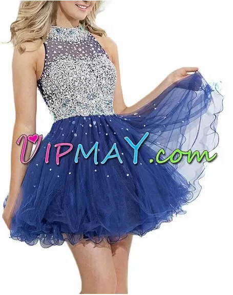 Low Price Sleeveless High-neck Backless Mini Length Beading Prom Party Dress High-neck