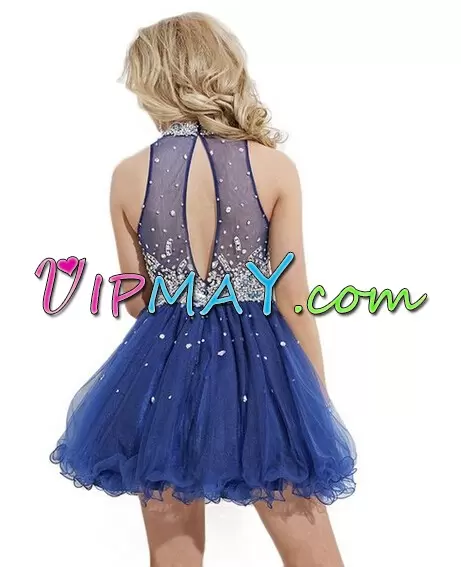 Low Price Sleeveless High-neck Backless Mini Length Beading Prom Party Dress High-neck