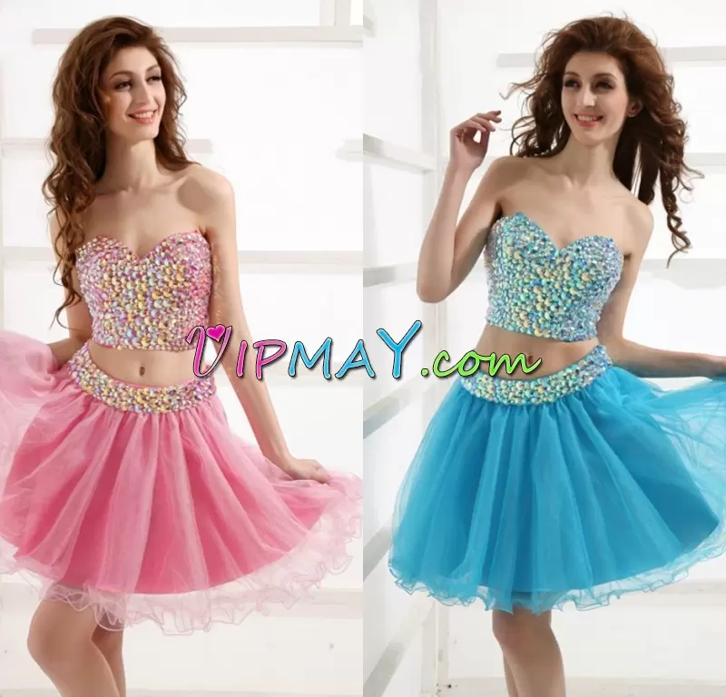 Colorful Rose Pink Two Pieces Sweetheart Sleeveless Tulle Mini Length Lace Up Beading Homecoming Dress