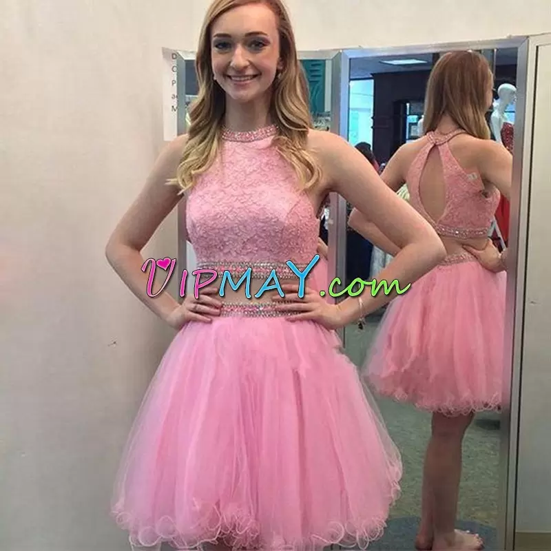 Pink Sleeveless Mini Length Beading and Lace Backless Junior Homecoming Dress Scoop