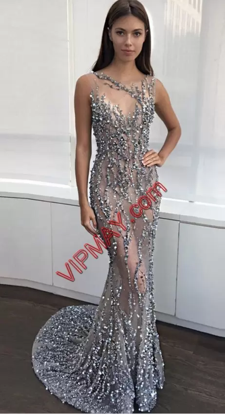 High End Sleeveless Scoop Sweep Train Backless Beading Prom Evening Gown Scoop