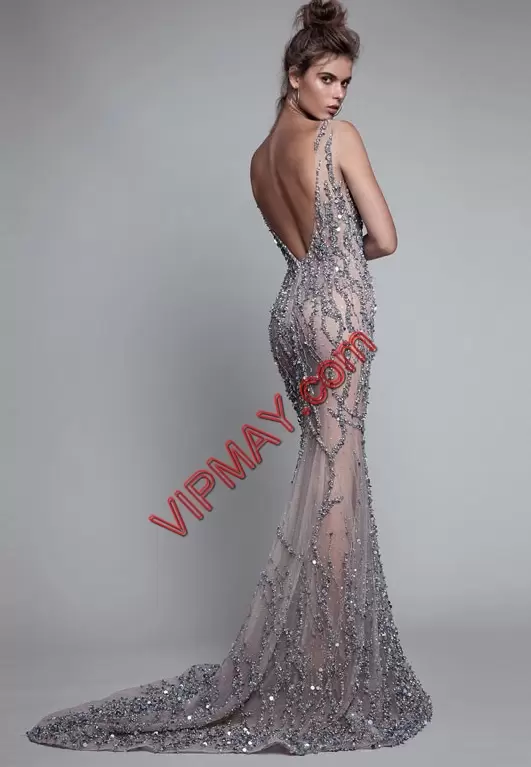 High End Sleeveless Scoop Sweep Train Backless Beading Prom Evening Gown Scoop