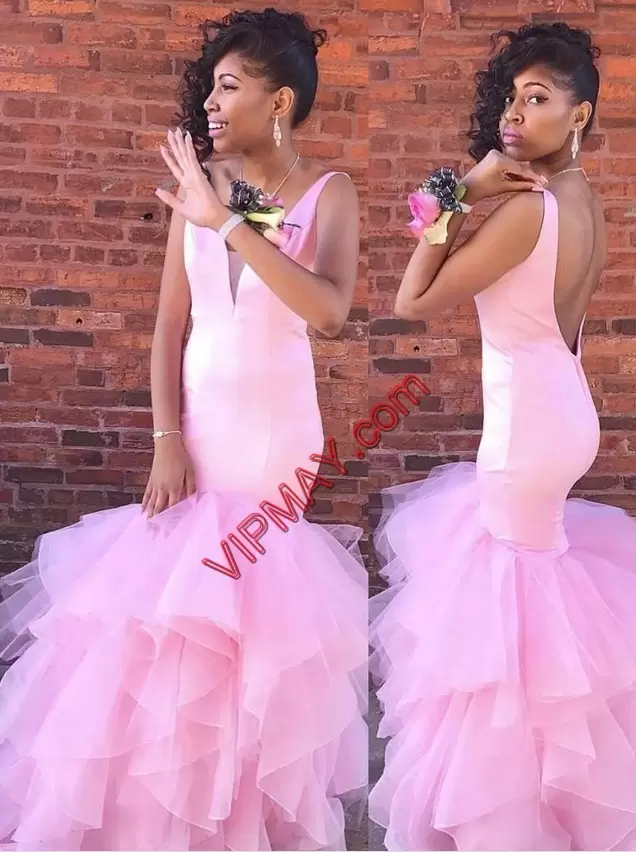 V-neck Sleeveless Backless Dress for Prom Pink Tulle Ruffles