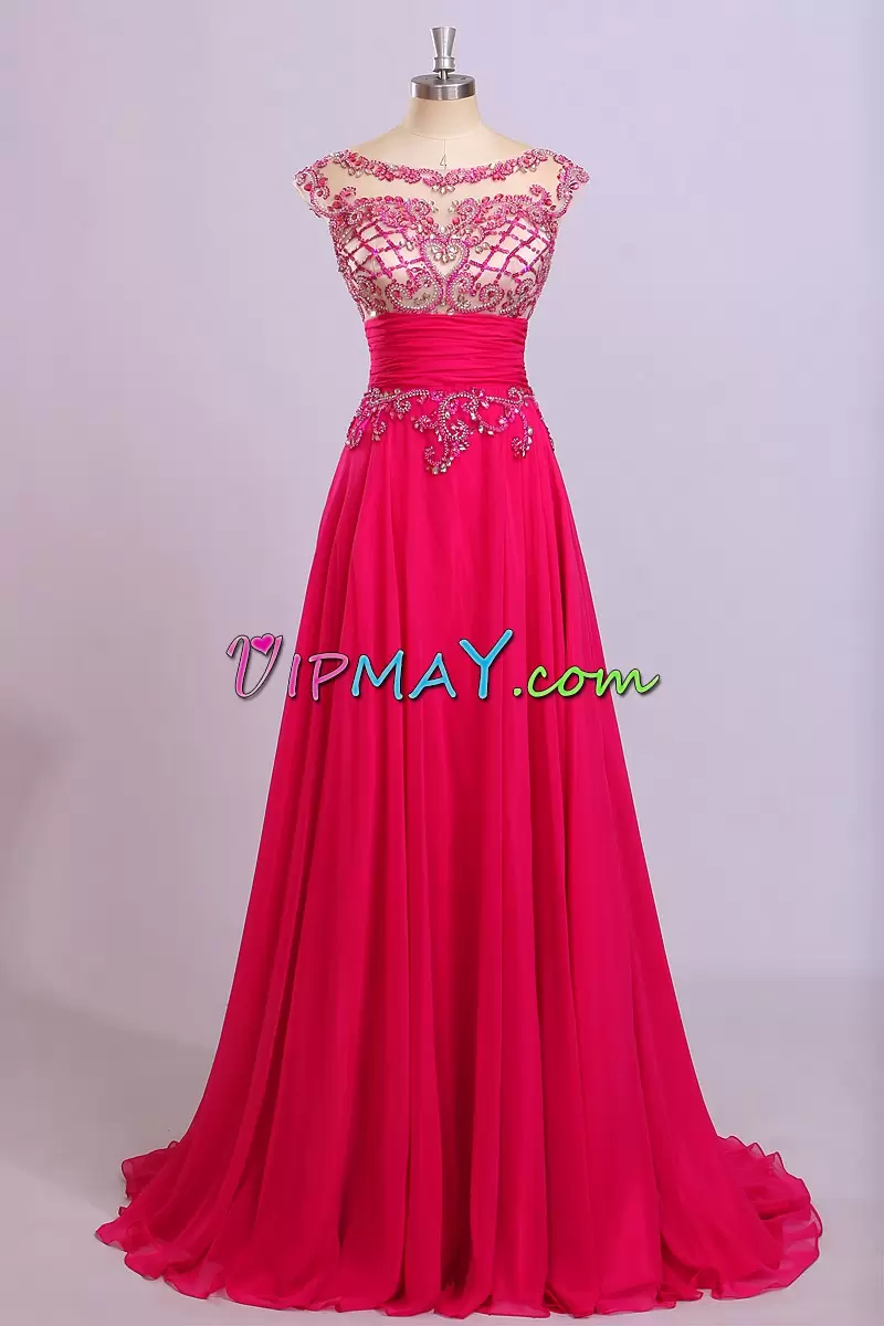 Red A-line Scoop Cap Sleeves Chiffon Sweep Train Zipper Beading Dress for Prom