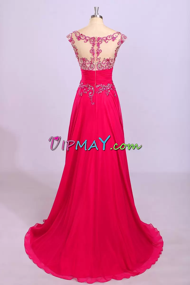 Red A-line Scoop Cap Sleeves Chiffon Sweep Train Zipper Beading Dress for Prom