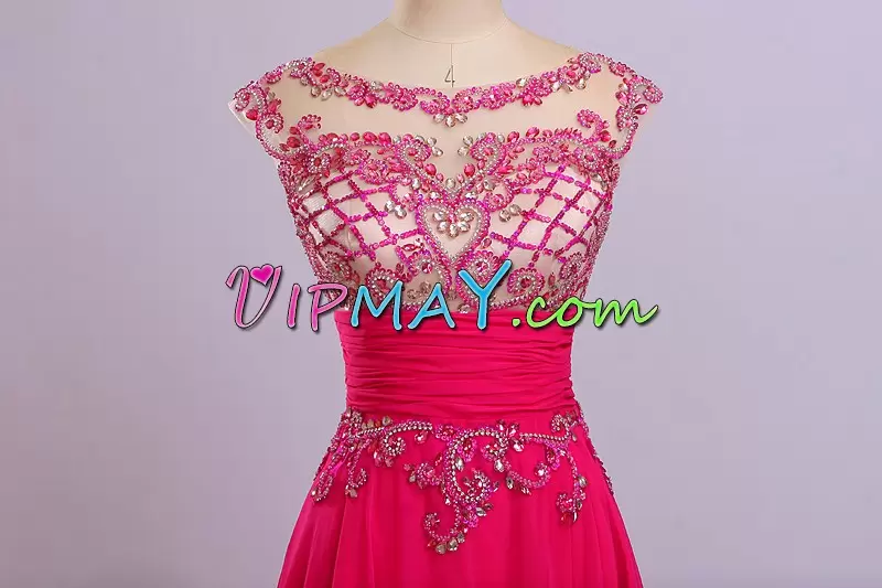 Red A-line Scoop Cap Sleeves Chiffon Sweep Train Zipper Beading Dress for Prom