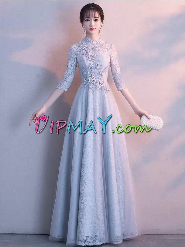 Custom Design High-neck 3 4 Length Sleeve Lace Homecoming Gowns Lace and Appliques Zipper