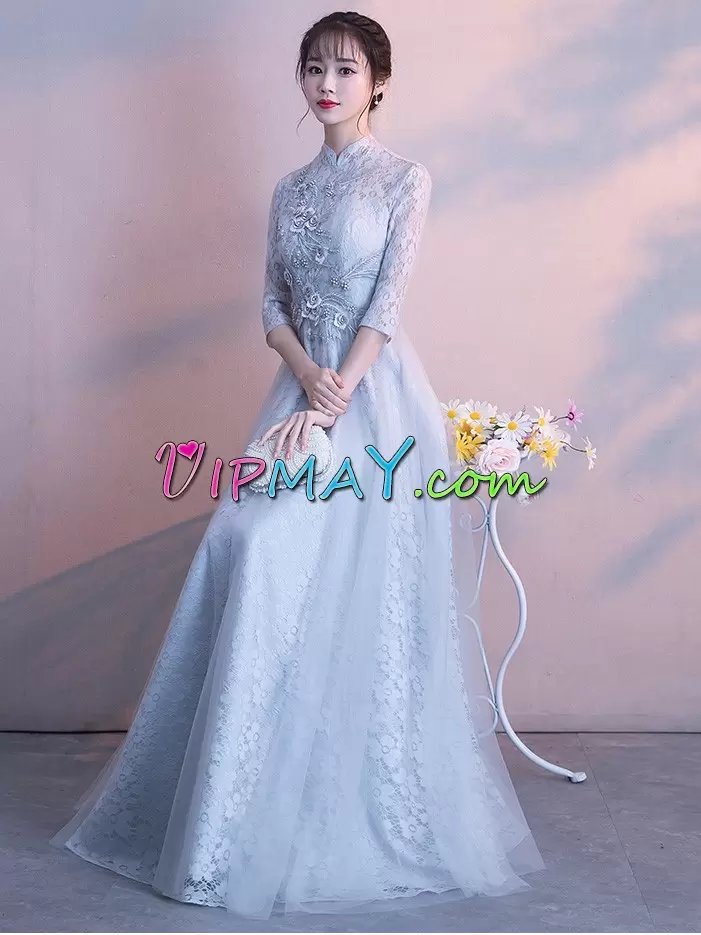 Custom Design High-neck 3 4 Length Sleeve Lace Homecoming Gowns Lace and Appliques Zipper