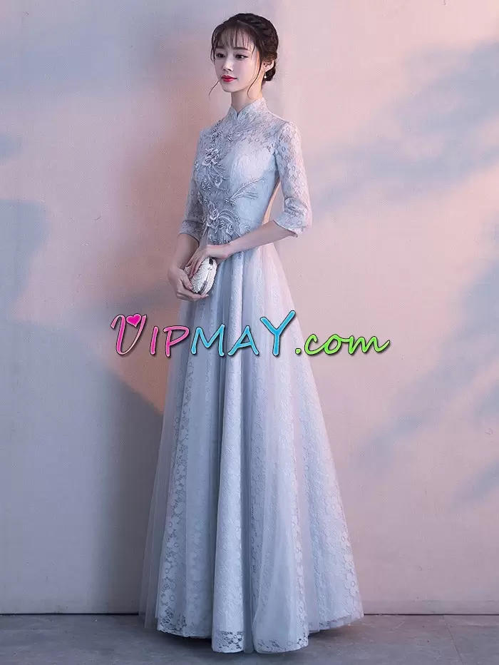 Custom Design High-neck 3 4 Length Sleeve Lace Homecoming Gowns Lace and Appliques Zipper