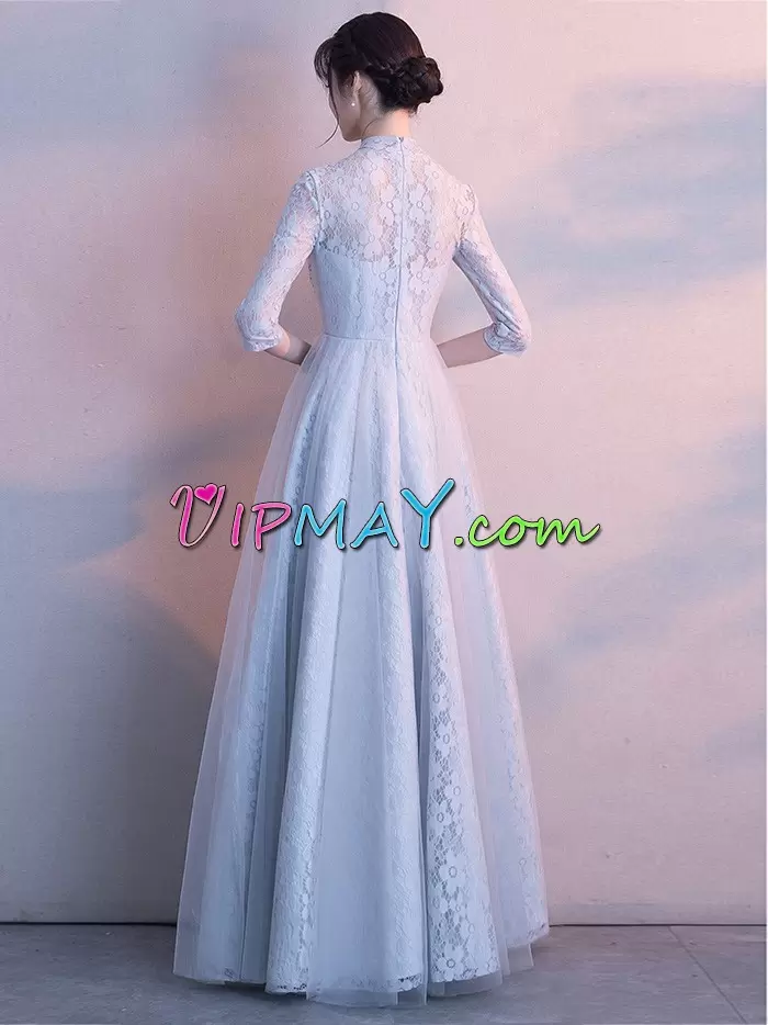 Custom Design High-neck 3 4 Length Sleeve Lace Homecoming Gowns Lace and Appliques Zipper