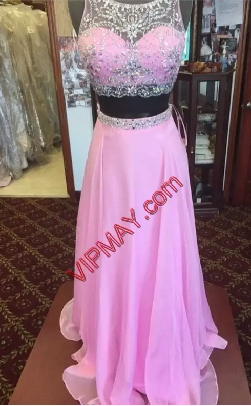 Pink Prom and Party and Military Ball with Beading Scoop Sleeveless Lace Up