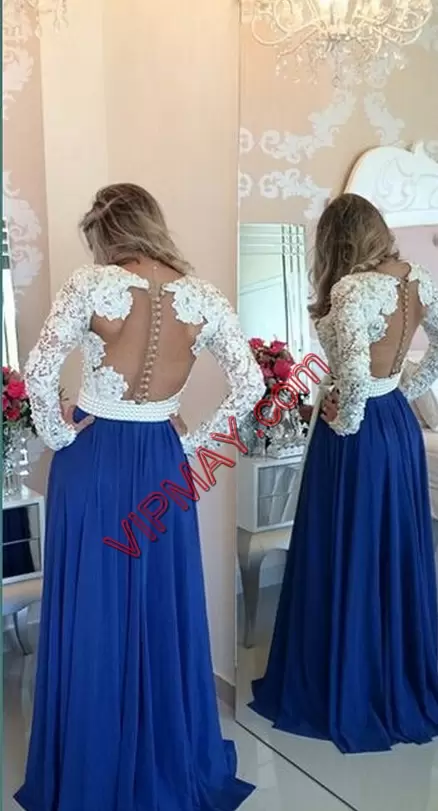 Great Blue And White Dress for Prom Prom and Party with Beading and Lace V-neck Long Sleeves Clasp Handle