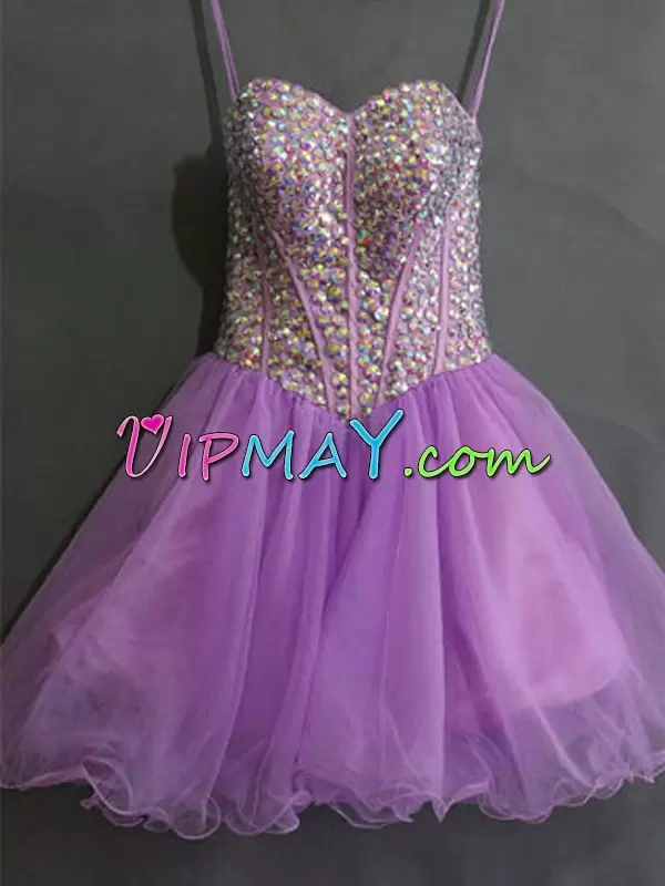 Fashionable Tulle Spaghetti Straps Sleeveless Lace Up Beading Hoco Dress in Lavender