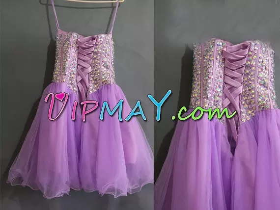 Fashionable Tulle Spaghetti Straps Sleeveless Lace Up Beading Hoco Dress in Lavender