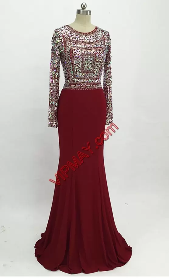 Burgundy Mermaid Scoop Long Sleeves Chiffon Brush Train Beading Homecoming Dress