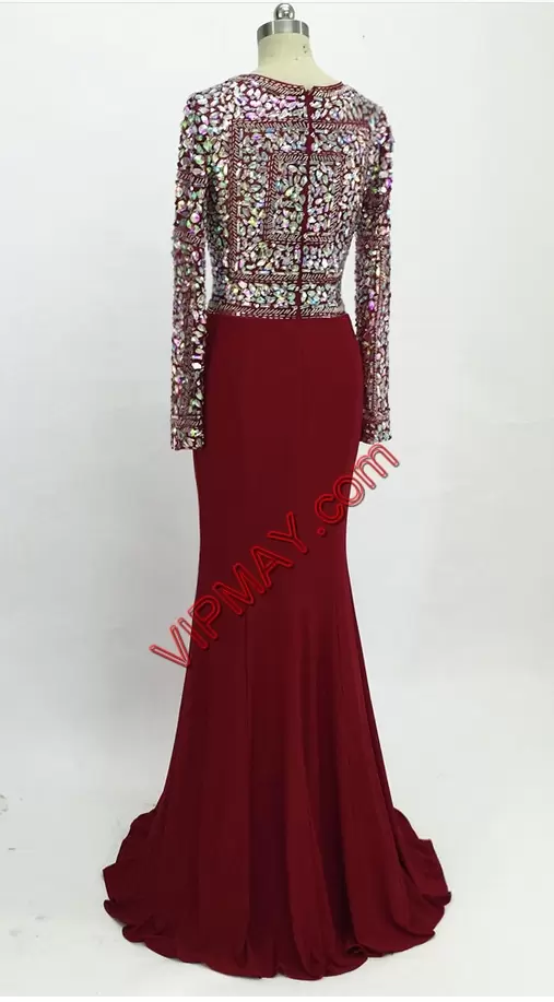 Burgundy Mermaid Scoop Long Sleeves Chiffon Brush Train Beading Homecoming Dress